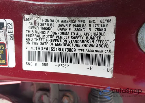 2008 Honda Civic Lx из США, поврежденный, VIN 1HGFA16518L073809